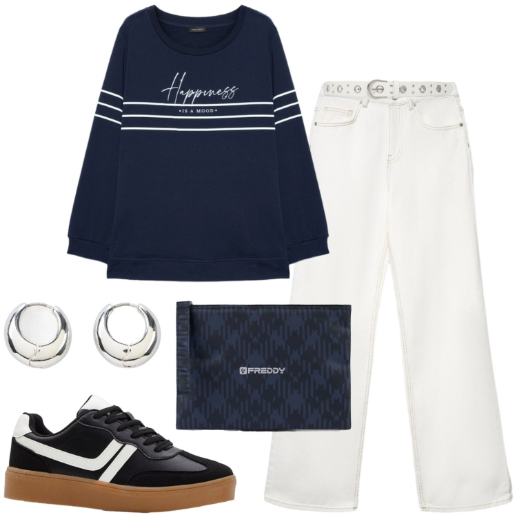 Outfit donna - Scuola. Stile Casual per Scuola/Università. Abbinamento con sneakers, orecchini, jeans, cinture, clutch, felpe.