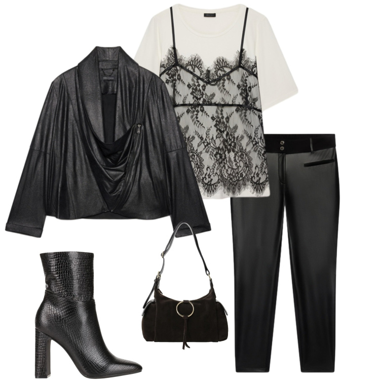 Outfit donna - Serata dance. Stile Sporty chic per Serata fuori. Abbinamento con stivaletti, borse a spalla, t-shirt, blazer, pantaloni skinny.