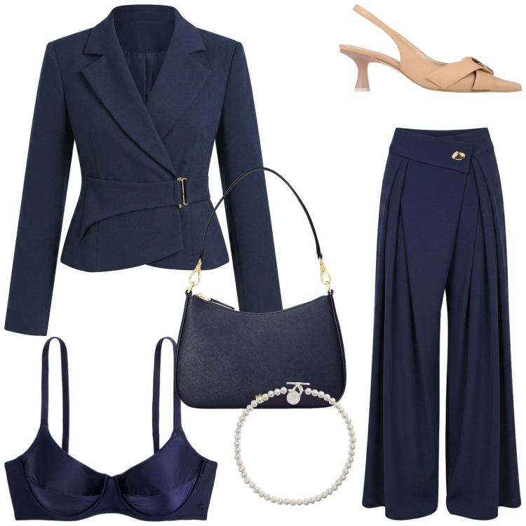 Outfit donna - Eleganza innata. Stile Chic per Tutti i giorni. Abbinamento con décolleté, pantaloni a palazzo, blazer, collane, borse a spalla, reggiseni.