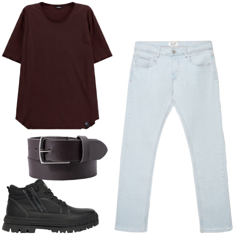Outfit uomo - Total look #2478966. Stile Casual per Tutti i giorni. Abbinamento con t-shirt, cinture, jeans, stivali e stivaletti.