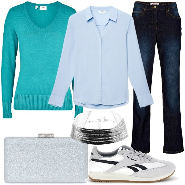 Outfit donna - Armonia della Bilancia. Stile Casual chic per Tutti i giorni. Abbinamento con jeans dritti, maglieria, camicie, braccialetti, clutch, sneakers.
