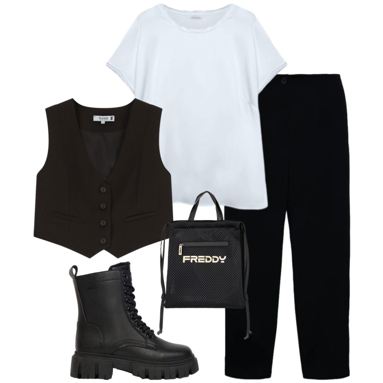 Outfit donna - Total look #2478971. Stile Trendy per Tutti i giorni. Abbinamento con anfibi, pantaloni chino, zaini, gilet, t-shirt.