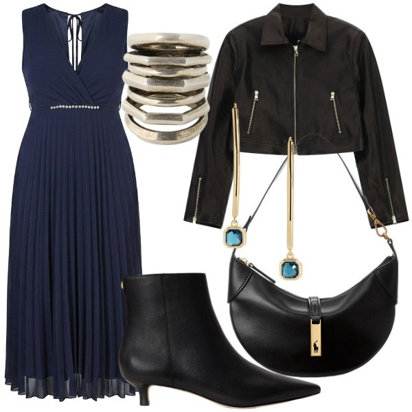 Outfit donna - Armonia tra gli opposti. Stile Glamour per Serata fuori. Abbinamento con giacche, vestiti lunghi, borse a spalla, stivaletti, anelli, orecchini.