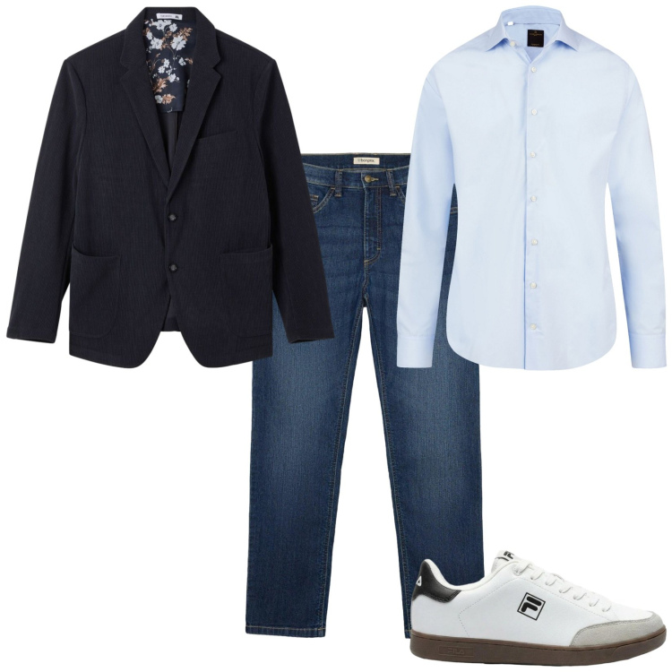 Outfit uomo - Total look #2478977. Stile Casual per Ufficio. Abbinamento con camicie, giacche, sneakers, jeans dritti.