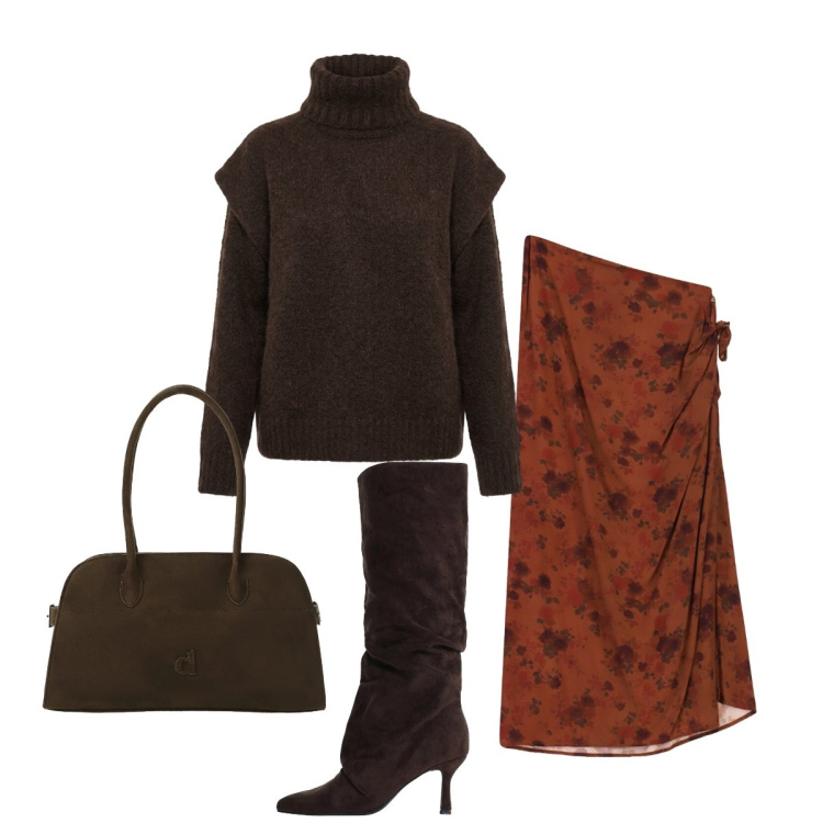Outfit donna - Eleganza nei toni della Terra. Stile Minimal per Tutti i giorni. Abbinamento con stivali, gonne lunghe, borse a spalla, pullovers.