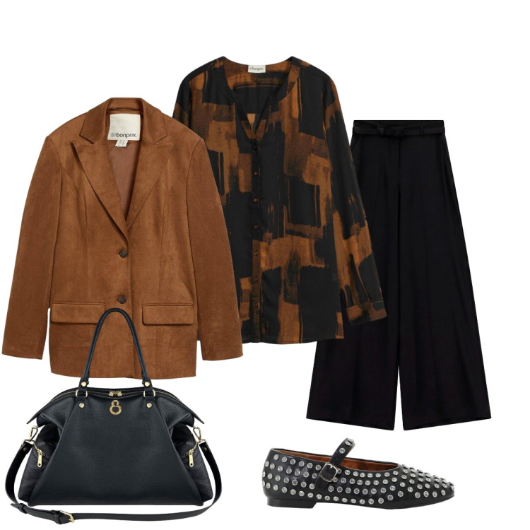 Outfit donna - Total look #2478983. Stile Trendy per Tutti i giorni. Abbinamento con blazer, camicie, pantaloni a palazzo, ballerine, shopping bag.