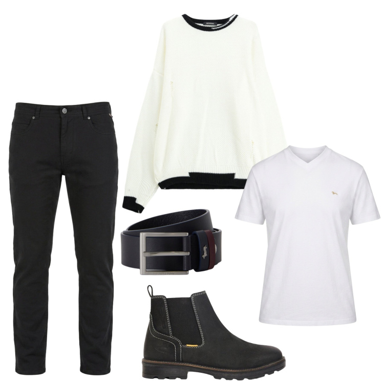 Outfit uomo - Total look #2478989. Stile Casual per Tutti i giorni. Abbinamento con pantaloni, t-shirt, cinture, maglieria, stivali e stivaletti.