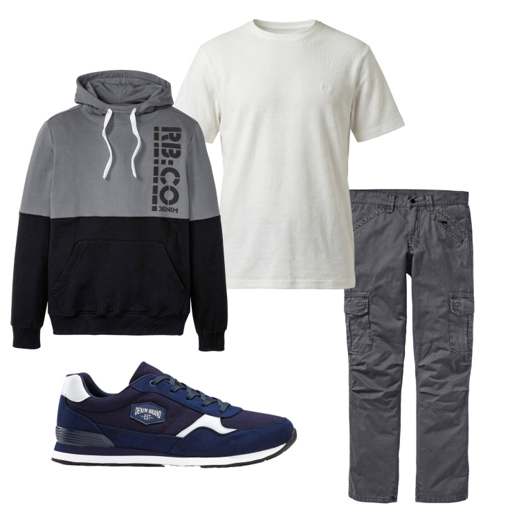 Outfit uomo - Total look #2478992. Stile Casual Abbinamento con t-shirt, pantaloni cargo, felpe con cappuccio, sneakers.