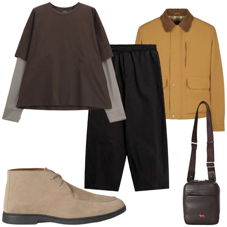 Outfit uomo - Total look #2479004. Stile Casual per Tutti i giorni. Abbinamento con stivali e stivaletti, borse sportive, t-shirt, pantaloni a palazzo, piumini.