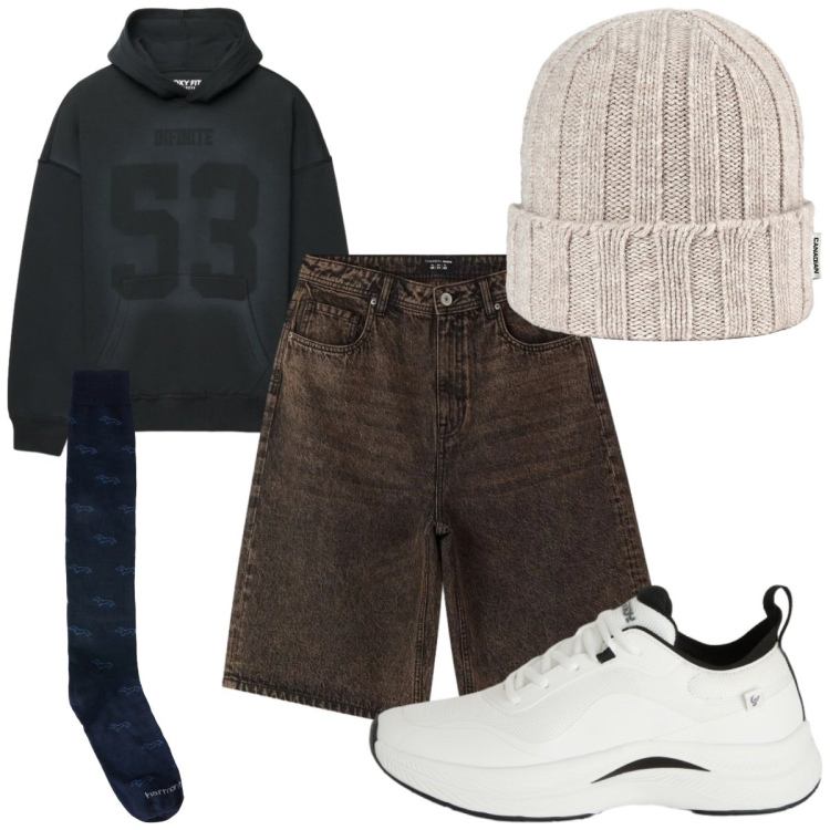 Outfit uomo - Total look #2479007. Stile Urban per Tutti i giorni. Abbinamento con calzini, sneakers, cappelli, bermuda, felpe con cappuccio.
