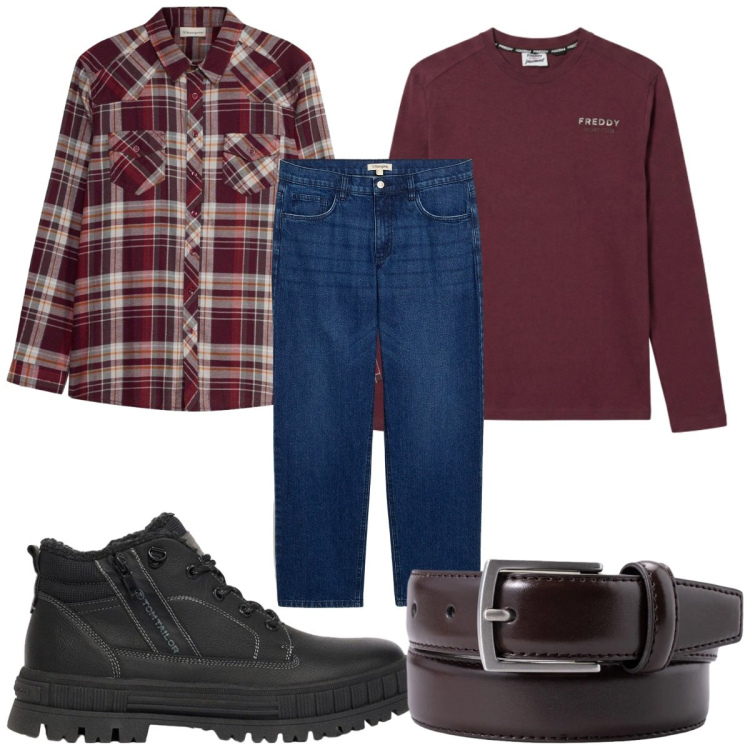 Outfit uomo - Total look #2479008. Stile Casual per Tutti i giorni. Abbinamento con cinture, t-shirt, jeans dritti, stivali e stivaletti, camicie.
