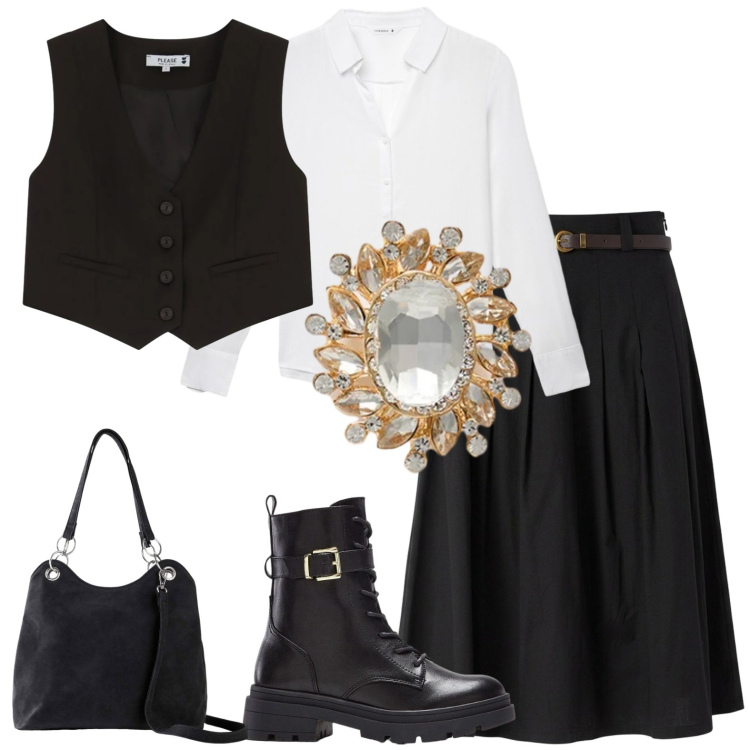 Outfit donna - Spilla preziosa.. Stile Minimal per Tutti i giorni. Abbinamento con borse a mano, anfibi, camicie, gonne longuette, gilet, blazer.