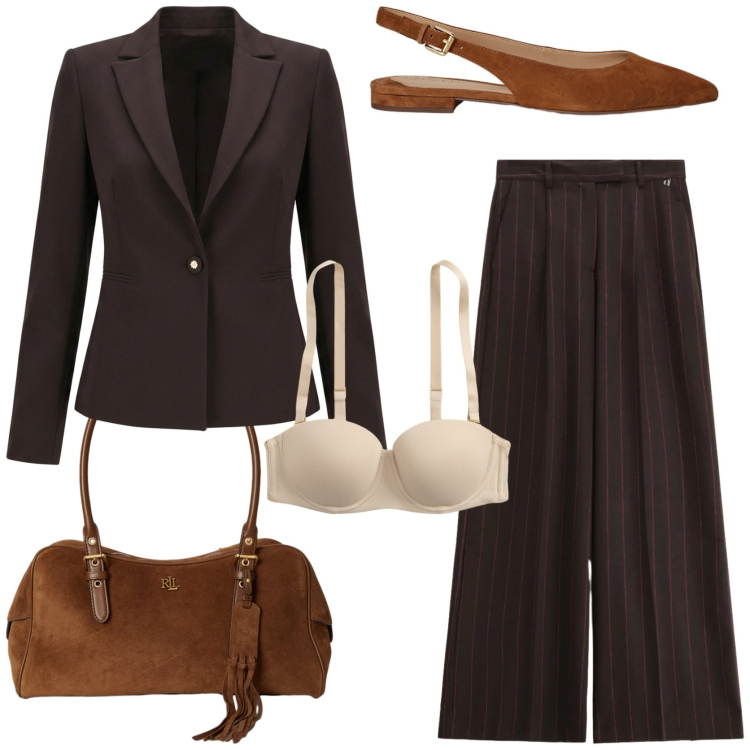Outfit donna - Il blazer pezzo forte autunnale. Stile Chic per Tutti i giorni. Abbinamento con pantaloni a palazzo, blazer, ballerine, borse a spalla, reggiseni.