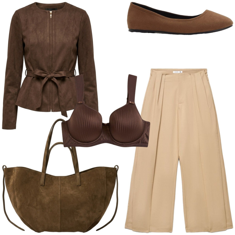 Outfit donna - Raffinati colori autunnali. Stile Chic per Tutti i giorni. Abbinamento con ballerine, reggiseni, pantaloni a palazzo, blazer, borse tote.