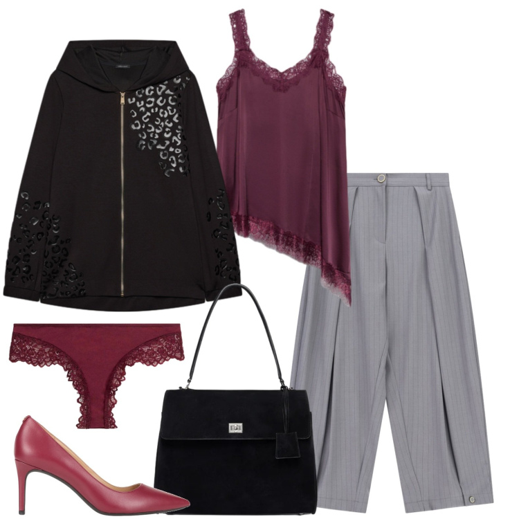 Outfit donna - Pizzo e felpa. Stile Casual chic per Serata fuori. Abbinamento con décolleté, culotte, pantaloni a palazzo, felpe con cappuccio, top, borse a mano.