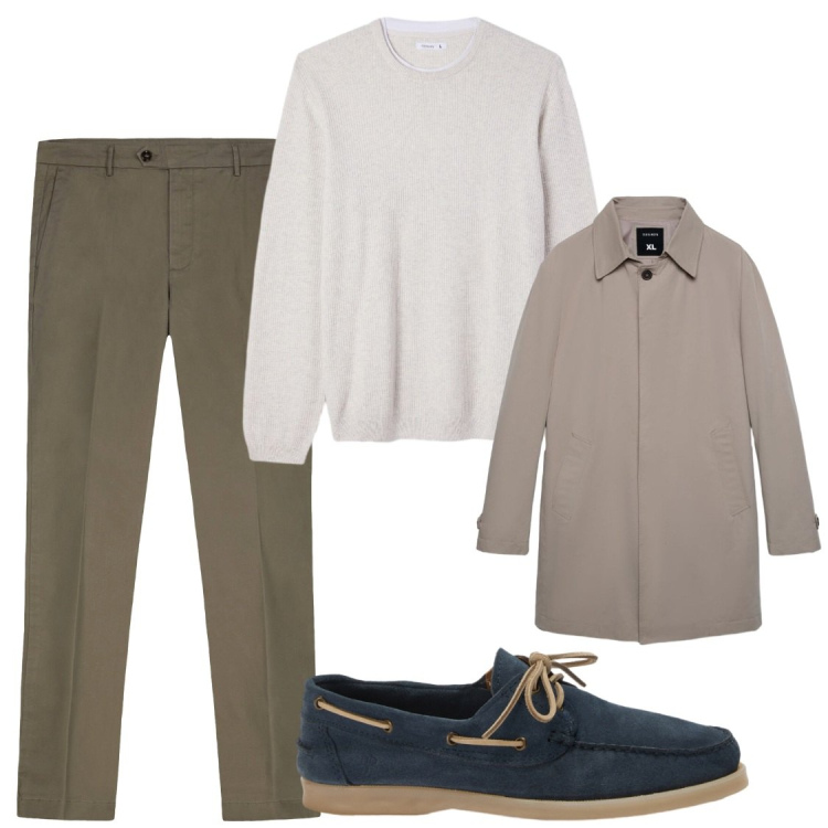 Outfit uomo - Total look #2479027. Stile Trendy per Ufficio. Abbinamento con scarpe stringate, pantaloni chino, trench, maglieria.