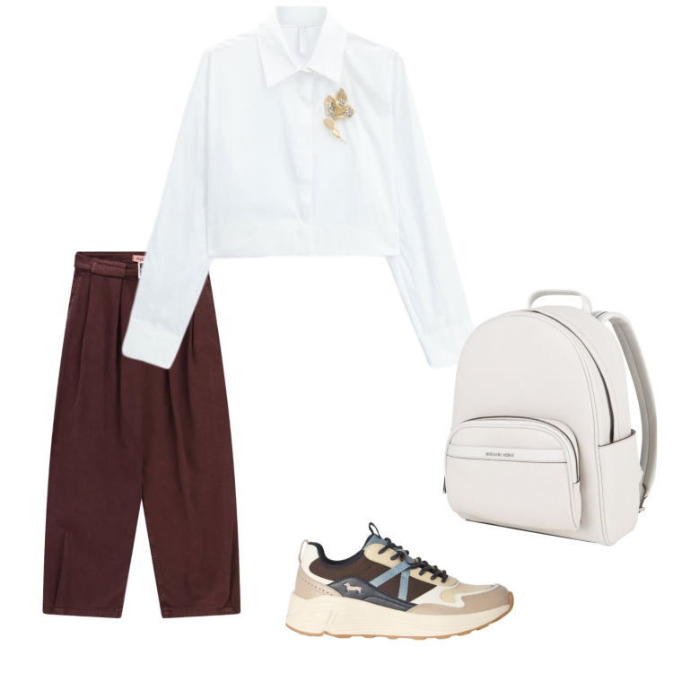 Outfit donna - Urban Chic in Bordeaux. Stile Casual chic per Tutti i giorni. Abbinamento con zaini, sneakers, camicie, pantaloni a palazzo.