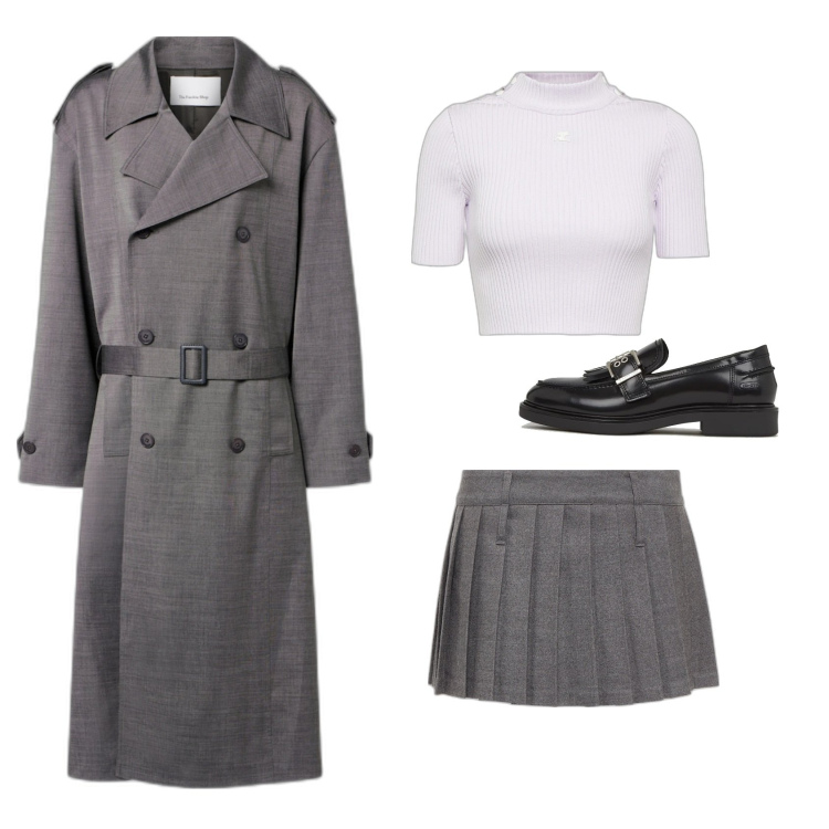 Outfit femme - Trench et jupe plissée. Style Tendance pour Tous les jours. Assortir avec minijupes, mocassins, imperméable, hauts.
