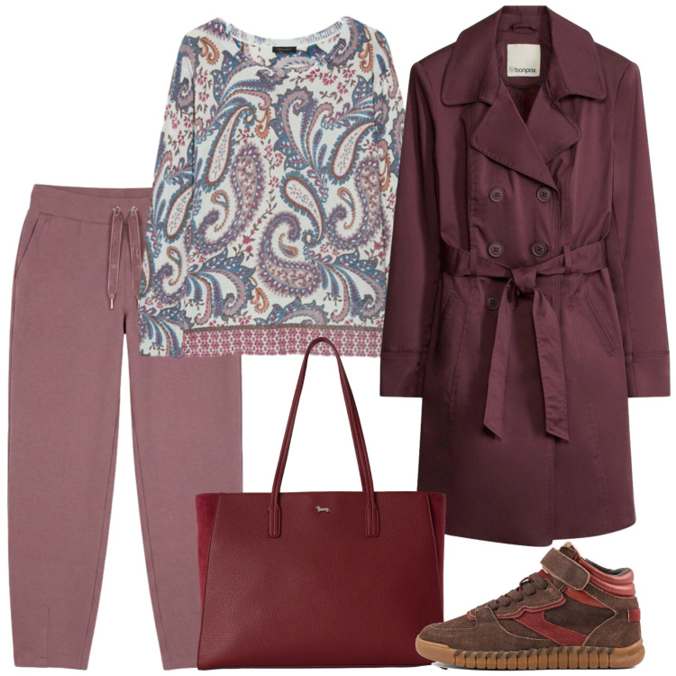 Outfit donna - Bordeaux. Stile Casual per Tutti i giorni. Abbinamento con trench, shopping bag, pantaloni, maglieria, sneakers.