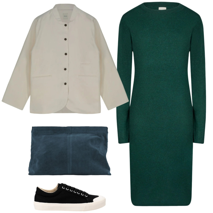Outfit donna - Doppleganger. Stile Casual per Scuola/Università. Abbinamento con vestiti midi/longuette, giacche, pochette, sneakers.