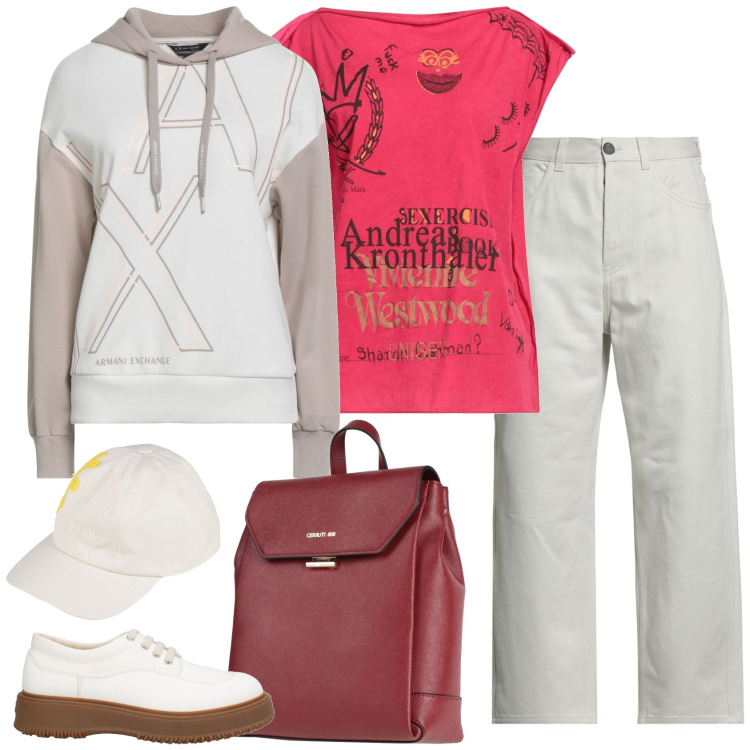 Outfit donna - Yoox. Stile Casual per Scuola/Università. Abbinamento con pantaloni, t-shirt, cappelli con visiera, zaini, scarpe stringate, felpe con cappuccio.