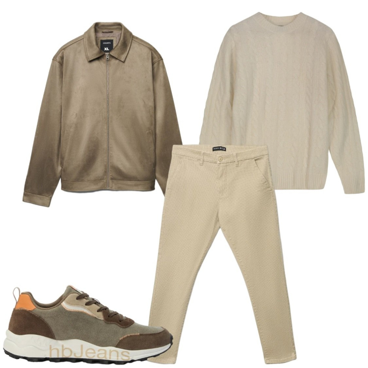 Outfit uomo - Beige. Stile Casual per Tutti i giorni. Abbinamento con sneakers, maglieria, giacche, pantaloni chino.