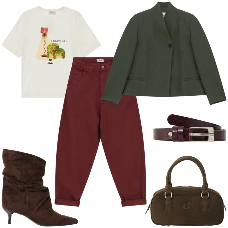 Outfit donna - Autunno dixie. Stile Casual per Tutti i giorni. Abbinamento con stivali, blazer, borse a mano, t-shirt, cinture, pantaloni.