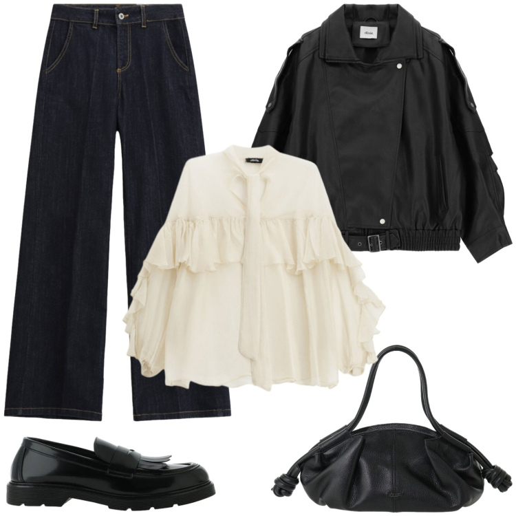 Outfit donna - Bianco e nero. Stile Casual per Tutti i giorni. Abbinamento con bluse, pantaloni a palazzo, mocassini, giacche, borse a mano.