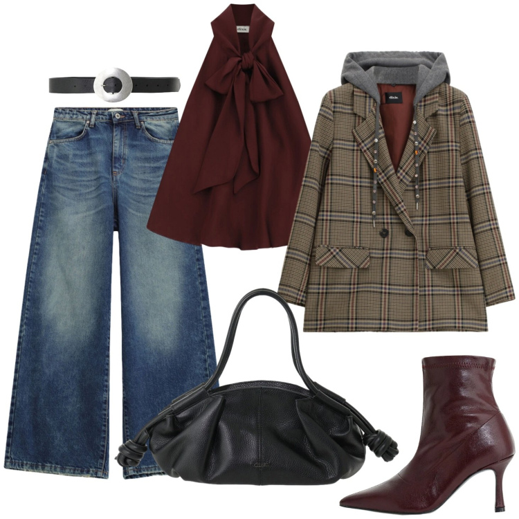 Outfit donna - Borgogna. Stile Casual per Tutti i giorni. Abbinamento con stivaletti, blazer, borse a mano, cinture, top, jeans.