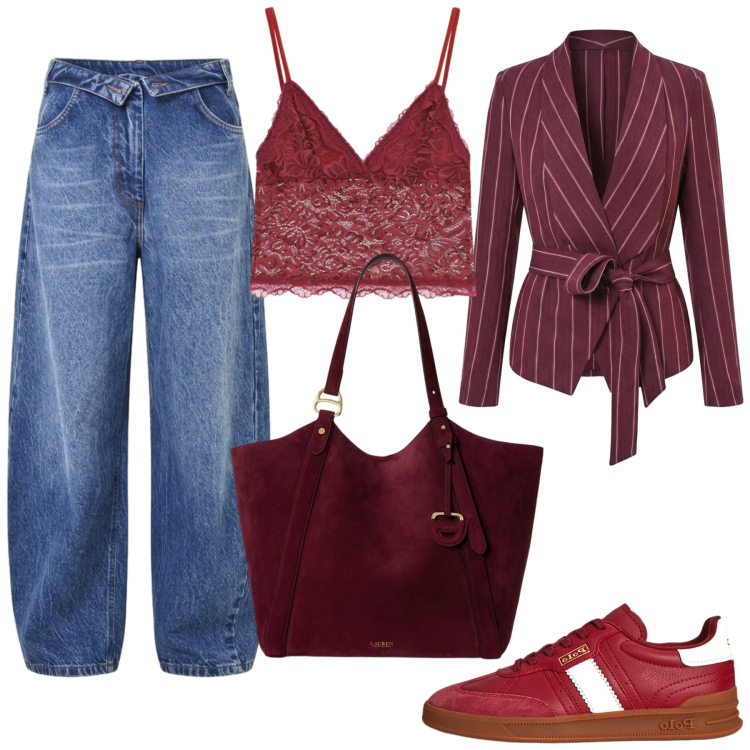 Outfit donna - Total look #2479044. Stile Trendy per Tutti i giorni. Abbinamento con top, blazer, jeans mom, sneakers, borse tote.
