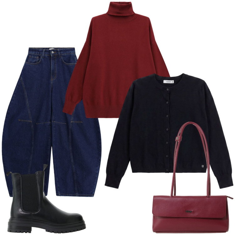 Outfit donna - Maxi maglione rosso. Stile Casual per Scuola/Università. Abbinamento con stivaletti chelsea, cardigans, pullovers, jeans, borse a spalla.
