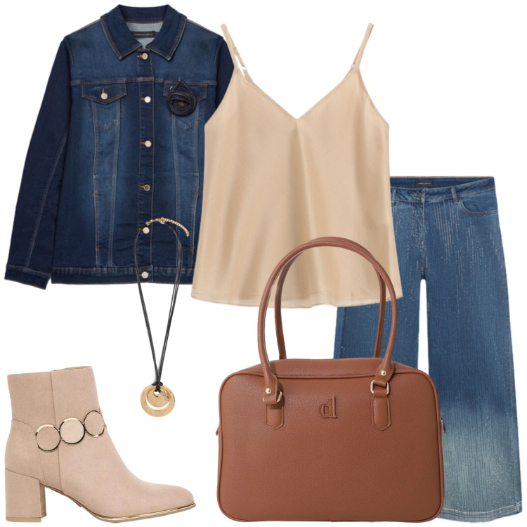 Outfit donna - Total look #2479049. Stile Glamour per Tutti i giorni. Abbinamento con stivaletti, borse a mano, top, jeans, cappotti, ciondoli.