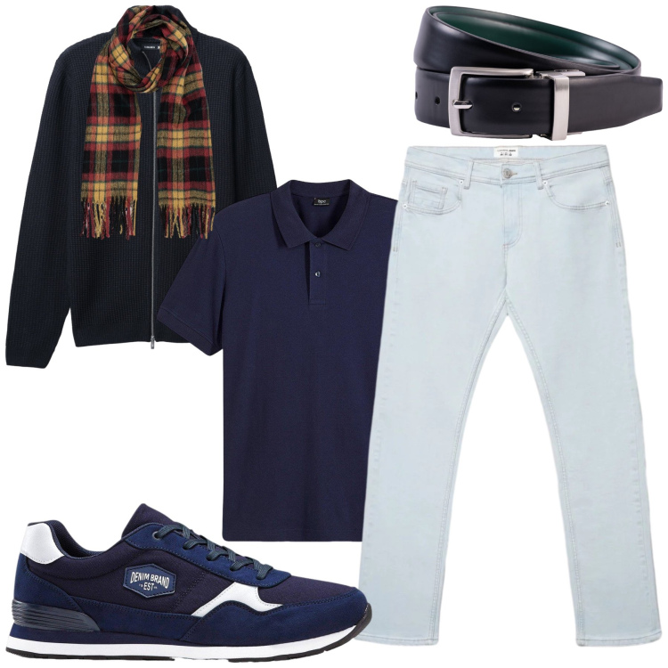 Outfit uomo - Total look #2479051. Stile Casual per Tutti i giorni. Abbinamento con sciarpe, cinture, jeans, maglieria, polo, sneakers.