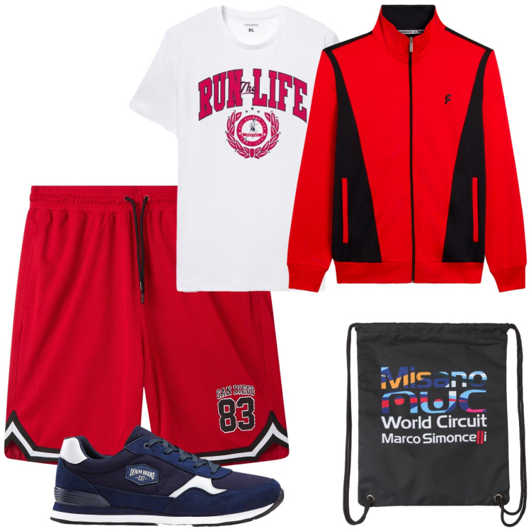Outfit uomo - Total look #2479059. Stile Casual per Sport. Abbinamento con giacche sportive, borse sportive, t-shirt, pantaloncini sportivi, sneakers.