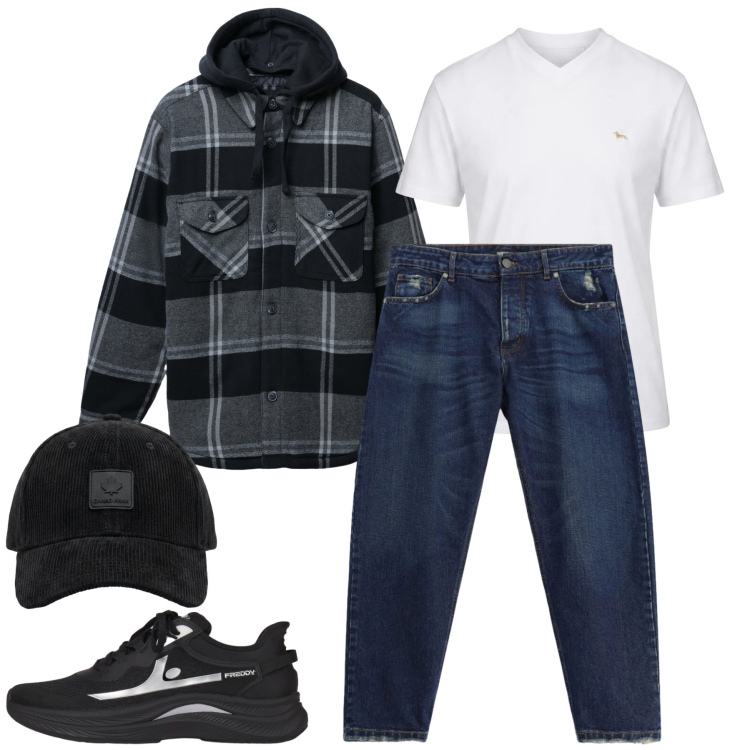 Outfit uomo - Total look #2479060. Stile Casual per Tutti i giorni. Abbinamento con t-shirt, jeans, sneakers, cappelli con visiera, giacche.