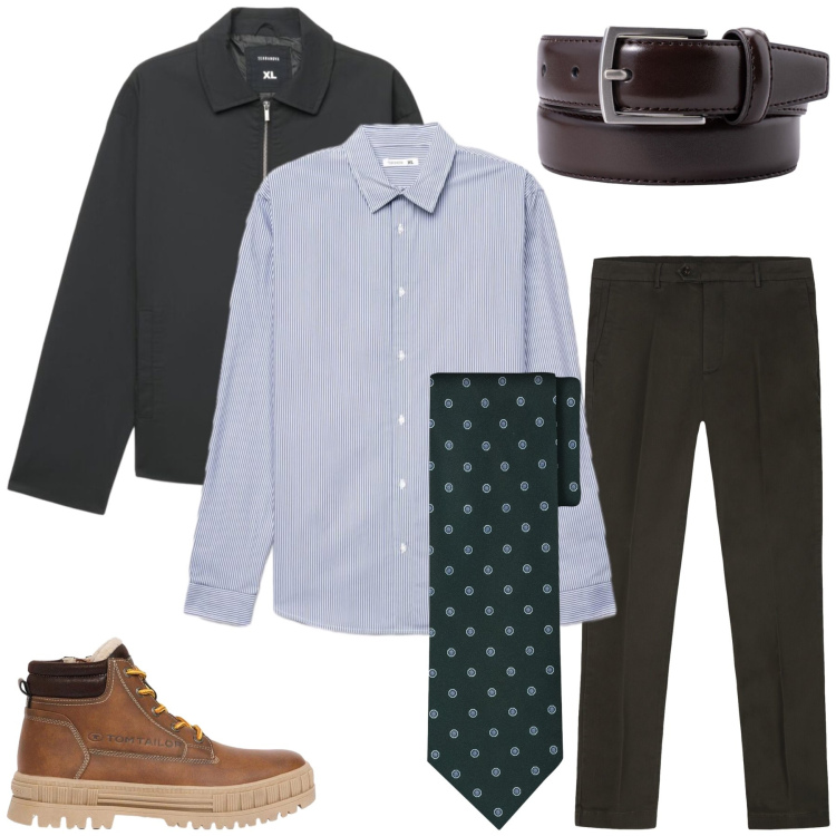 Outfit uomo - Total look #2479064. Stile Trendy per Tutti i giorni. Abbinamento con pantaloni chino, cinture, cravatte, camicie, cappotti, stivali e stivaletti.