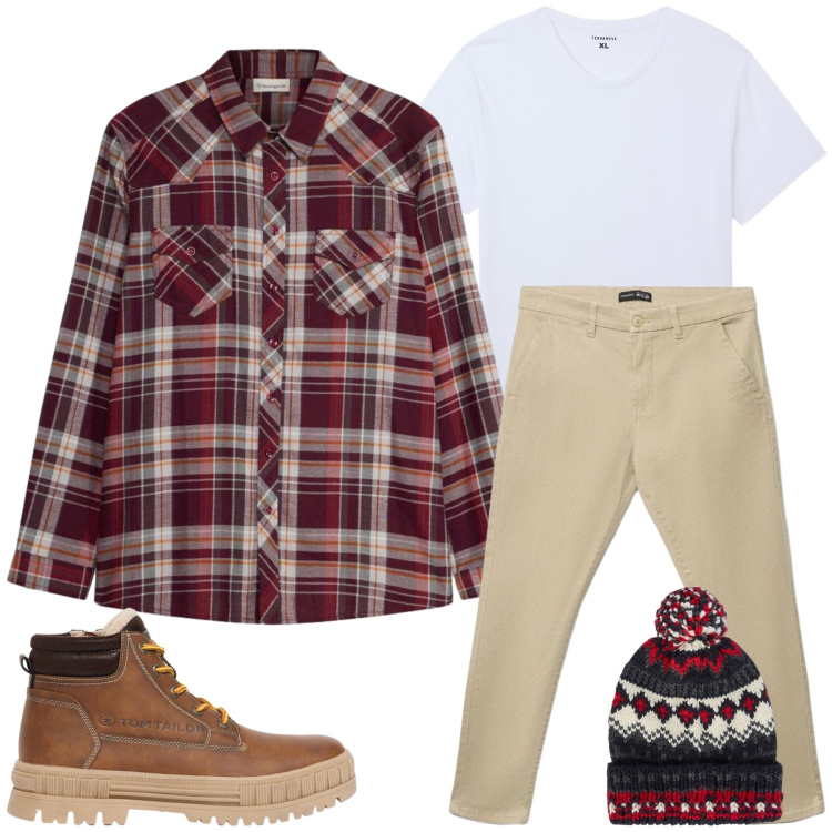 Outfit uomo - Total look #2479071. Stile Casual per Tutti i giorni. Abbinamento con berretti, t-shirt, pantaloni chino, stivali e stivaletti, camicie.
