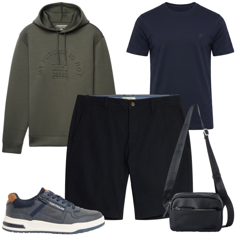 Outfit uomo - Total look #2479073. Stile Casual per Tutti i giorni. Abbinamento con borse sportive, t-shirt, felpe con cappuccio, sneakers, bermuda.