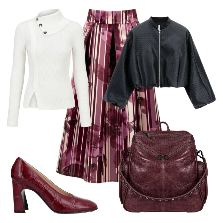 Outfit donna - Serate in compagnia. Stile Casual chic per Serata fuori. Abbinamento con bomber, zaini, pullovers, gonne longuette, décolleté.