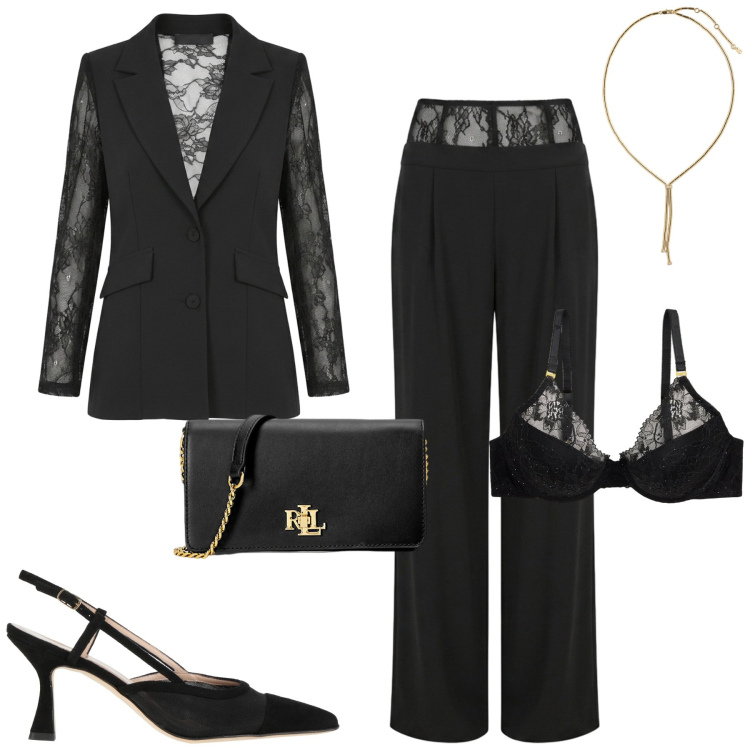 Outfit donna - Bilancia serata speciale. Stile Chic per Serata fuori. Abbinamento con décolleté, pantaloni a palazzo, blazer, borse a tracolla, reggiseni, collane.