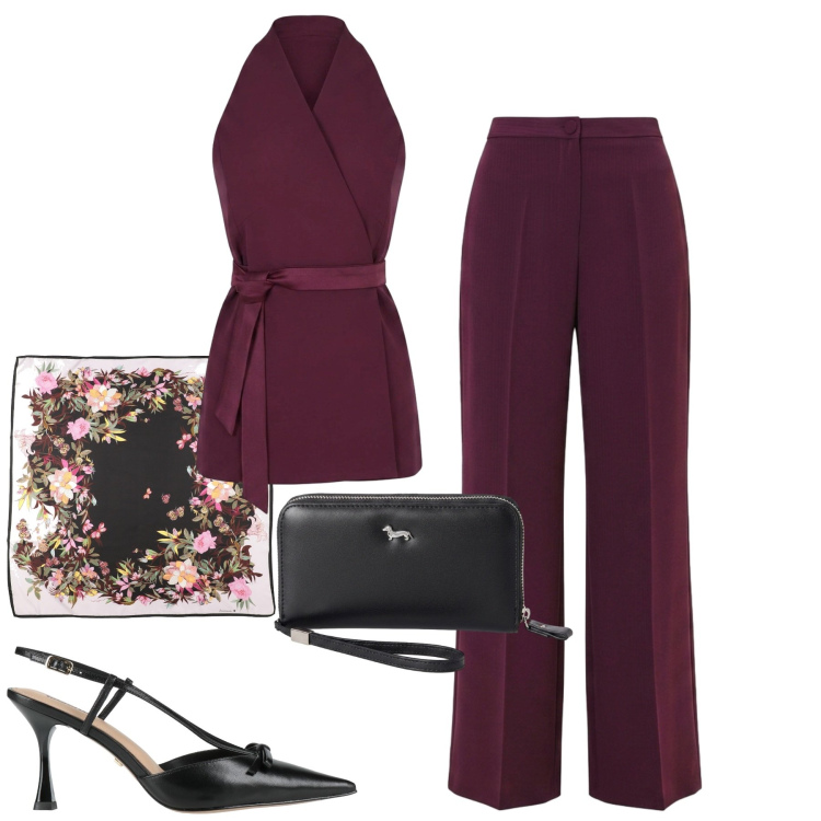 Outfit donna - Cerimonia di laurea. Stile Chic per Cerimonia. Abbinamento con sciarpe, décolleté, portafogli, top, pantaloni a palazzo.