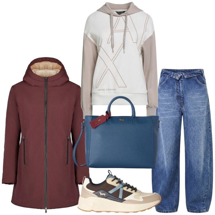 Outfit donna - Total look #2479090. Stile Trendy per Tutti i giorni. Abbinamento con felpe con cappuccio, sneakers, borse a mano, jeans mom, blazer.