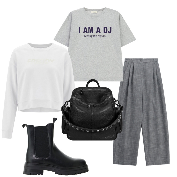 Outfit donna - Total look #2479091. Stile Urban per Scuola/Università. Abbinamento con felpe, pantaloni a palazzo, stivaletti chelsea, t-shirt, zaini.
