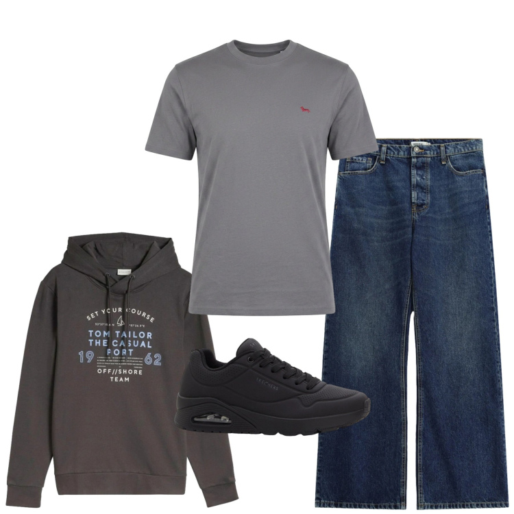 Outfit uomo - Total look #2479092. Stile Urban per Tutti i giorni. Abbinamento con t-shirt, jeans, sneakers, felpe con cappuccio.