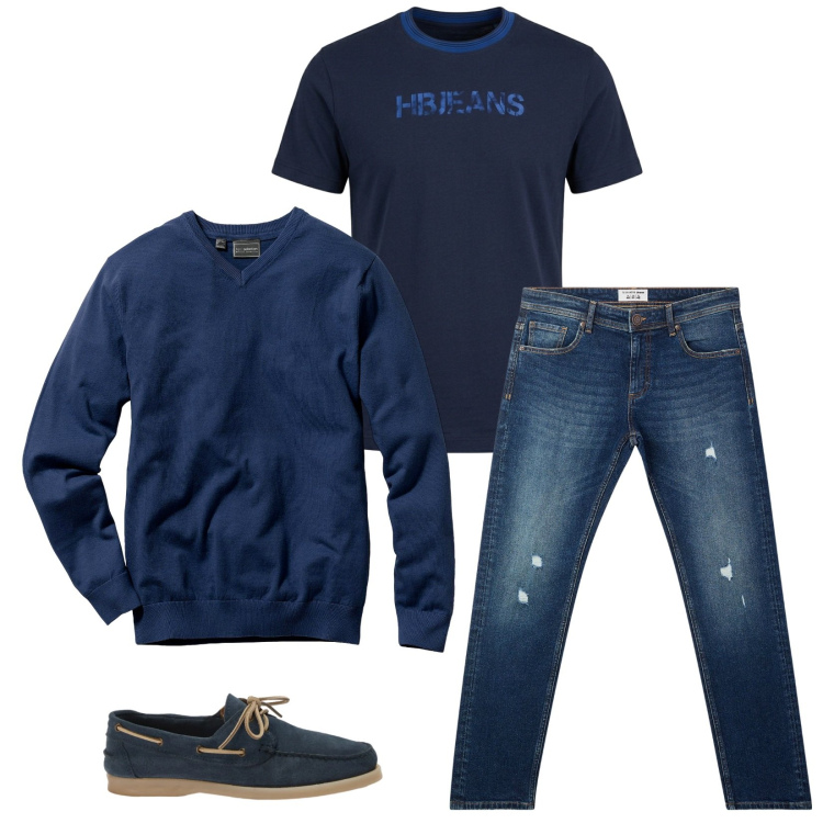 Outfit uomo - Total look #2479099. Stile Casual per Tutti i giorni. Abbinamento con scarpe stringate, t-shirt, jeans strappati, maglieria.