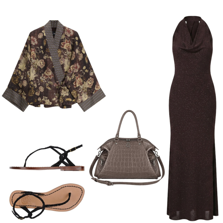 Outfit donna - Total look #2479110. Stile Chic per Serata fuori. Abbinamento con infradito, kimono, vestiti lunghi, shopping bag.