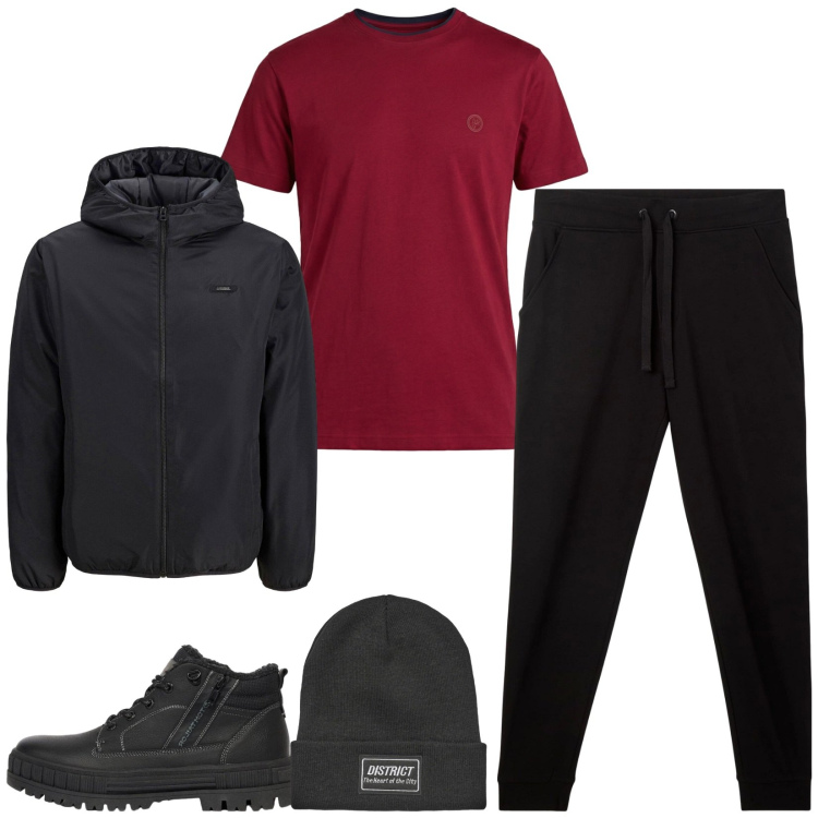 Outfit uomo - Total look #2479112. Stile Casual per Tutti i giorni. Abbinamento con t-shirt, pantaloni, berretti, stivali e stivaletti, giacche.