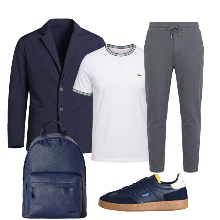 Outfit uomo - Pronto per l’ufficio. Stile Trendy per Ufficio. Abbinamento con borse sportive, pantaloni, sneakers, t-shirt, giacche.