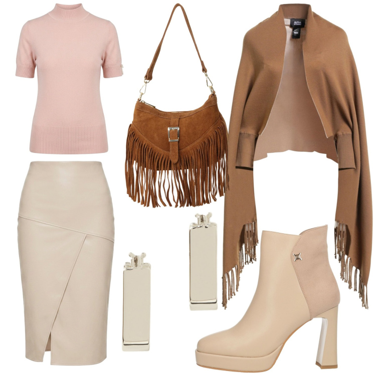 Outfit donna - Total look #2479118. Stile Chic per Ufficio. Abbinamento con stivaletti, cappe, borse a spalla, gonne longuette, orecchini, t-shirt.
