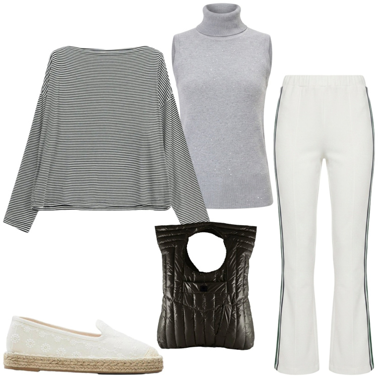 Outfit donna - Total look #2479119. Stile Sporty chic per Tutti i giorni. Abbinamento con pantaloni, camicie a manica corta, t-shirt, borse a mano, espadrillas.